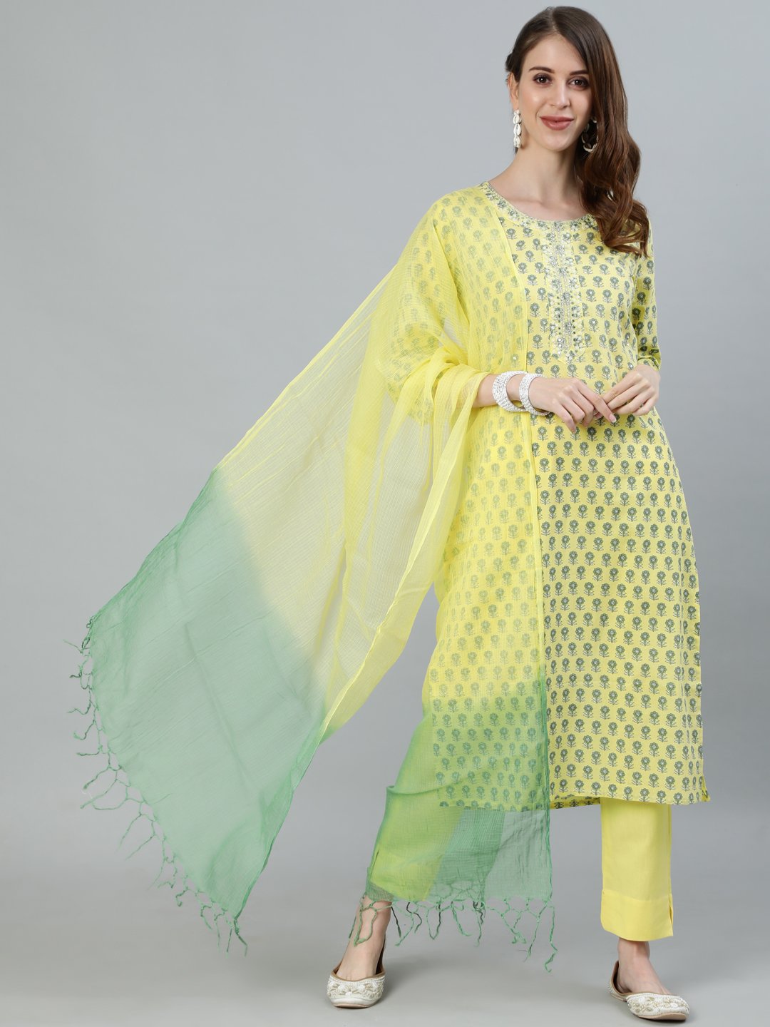 Ishin Women's Yellow Embroidered Straight Kurta With Trouser & Dupatta