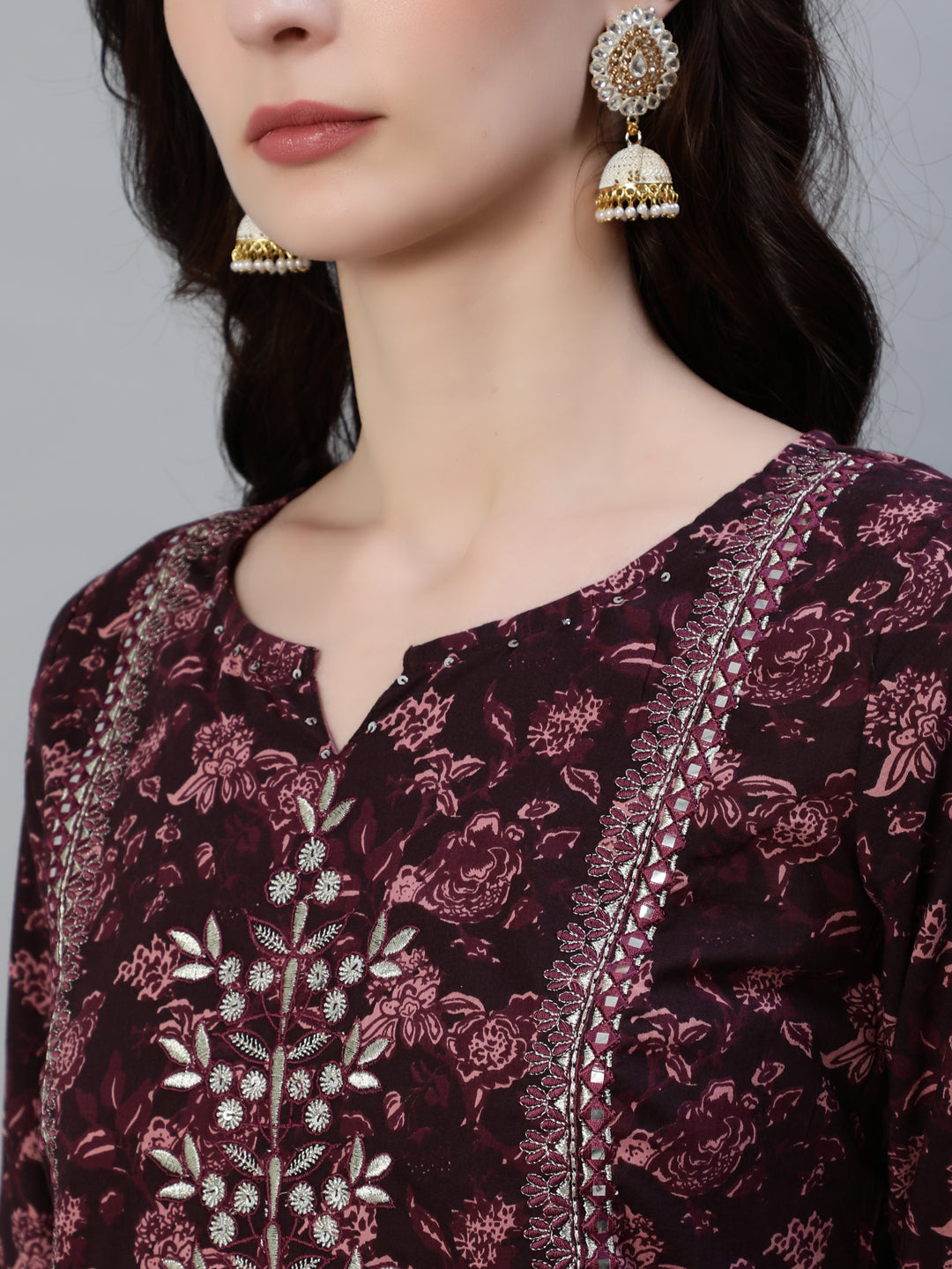 Ishin Women's Burgundy Embellished A-Line Kurta With Sharara & Dupatta