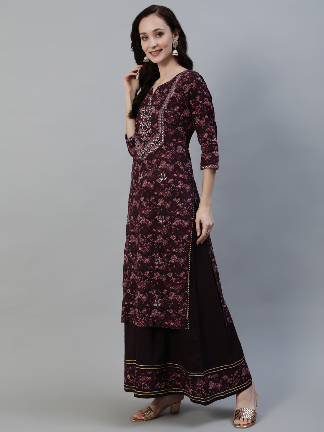 Ishin Women's Burgundy Embellished A-Line Kurta With Sharara & Dupatta