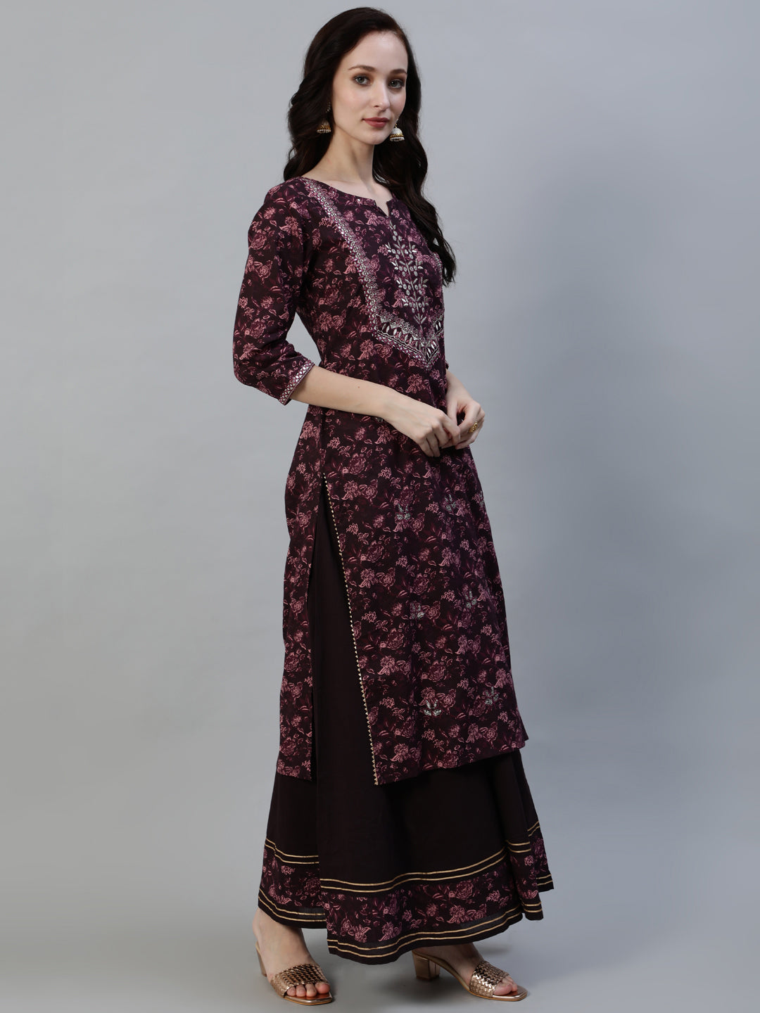 Ishin Women's Burgundy Embellished A-Line Kurta With Sharara & Dupatta