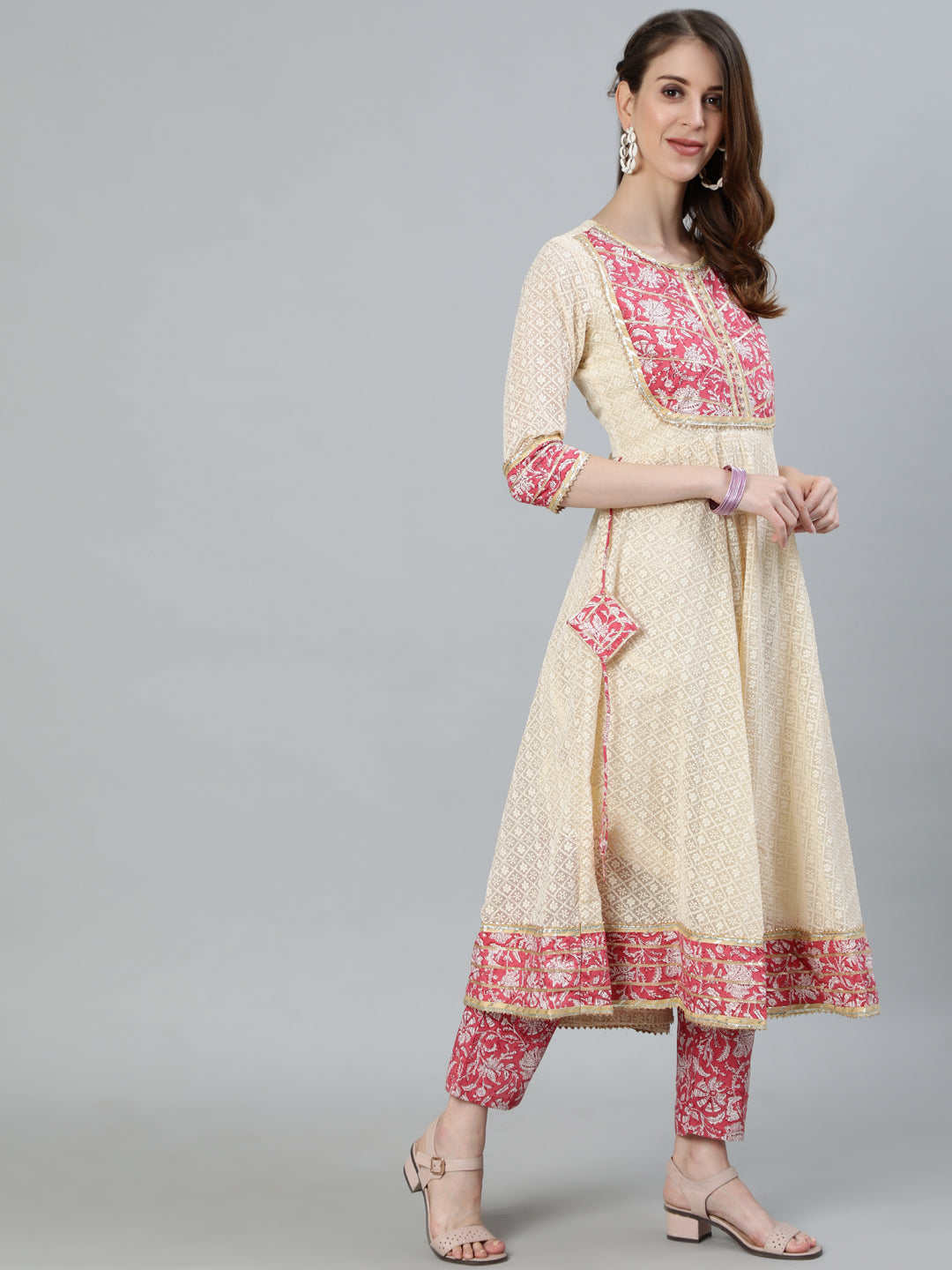 Ishin Women's Offwhite Embroidered Chikankari Anarkali Kurta With Trouser & Dupatta