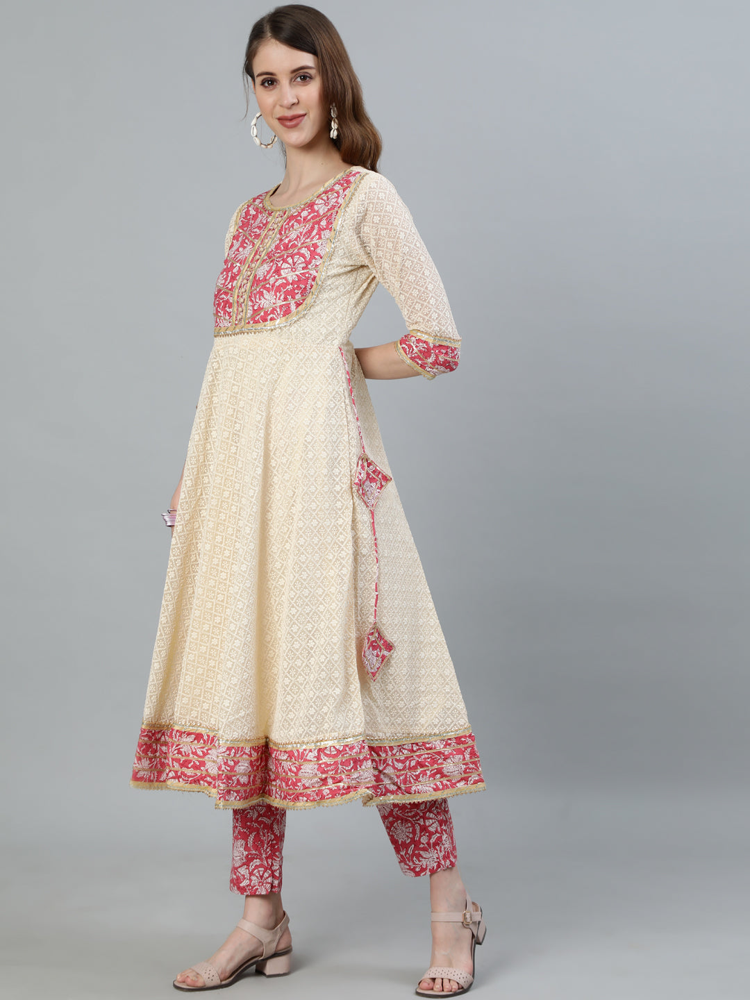 Ishin Women's Offwhite Embroidered Chikankari Anarkali Kurta With Trouser & Dupatta