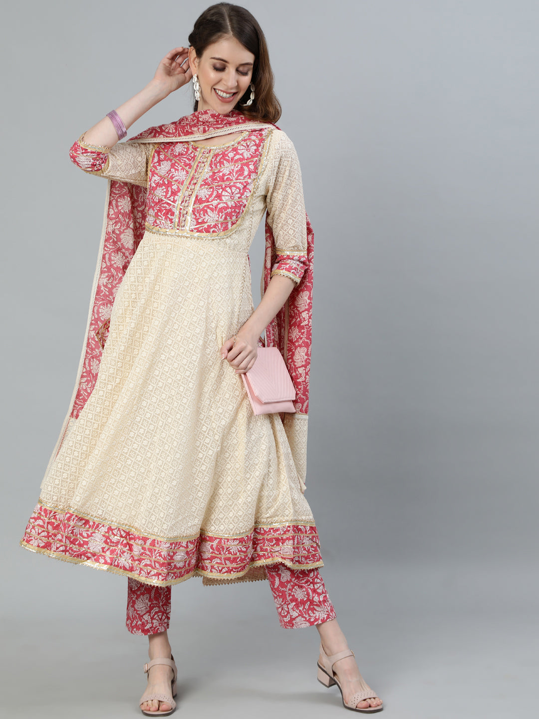 Ishin Women's Offwhite Embroidered Chikankari Anarkali Kurta With Trouser & Dupatta