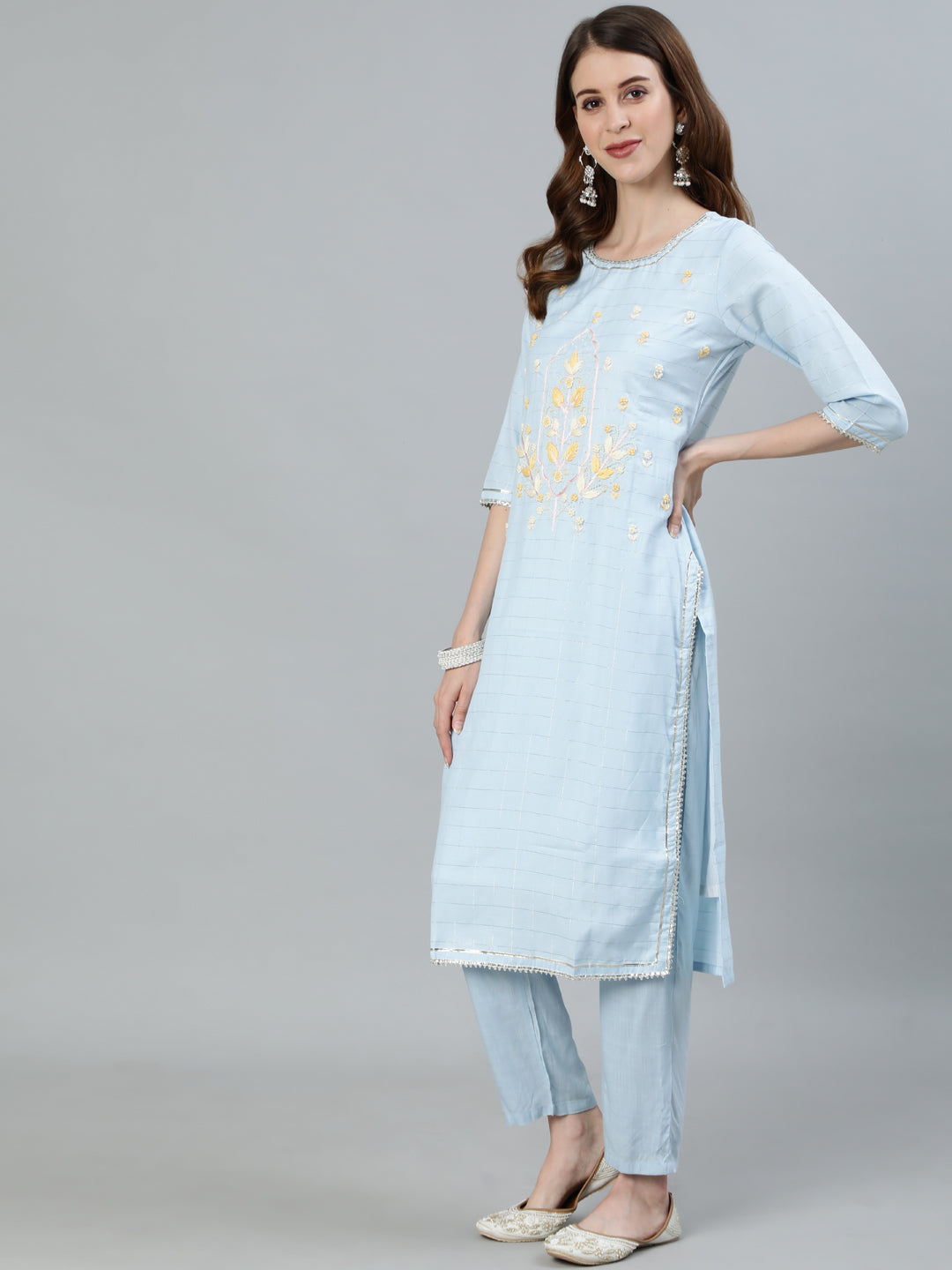 Ishin Women's Blue Embroidered A-Line Kurta With Trouser & Ombre Dupatta