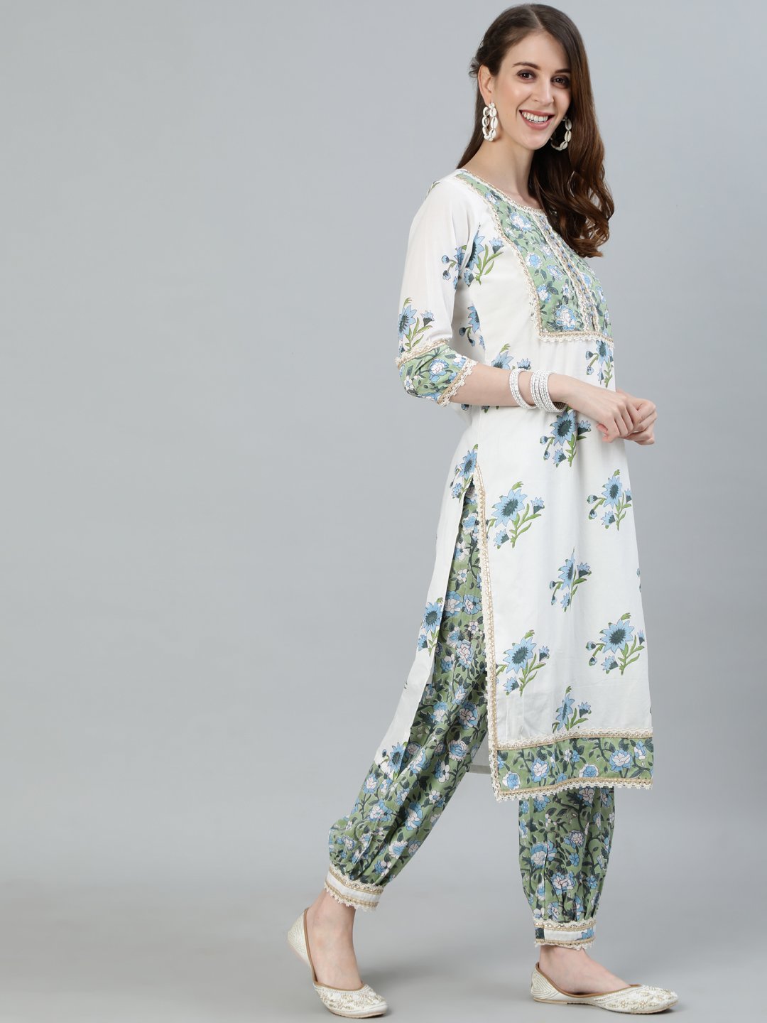 Ishin Women's White & Green Embroidered A-Line Kurta With Trouser & Dupatta