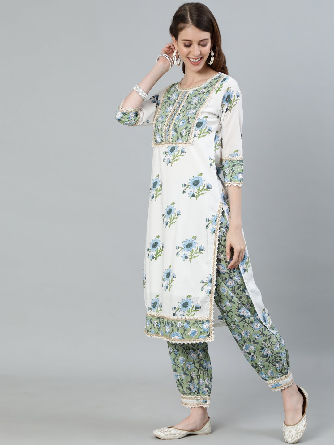 Ishin Women's White & Green Embroidered A-Line Kurta With Trouser & Dupatta