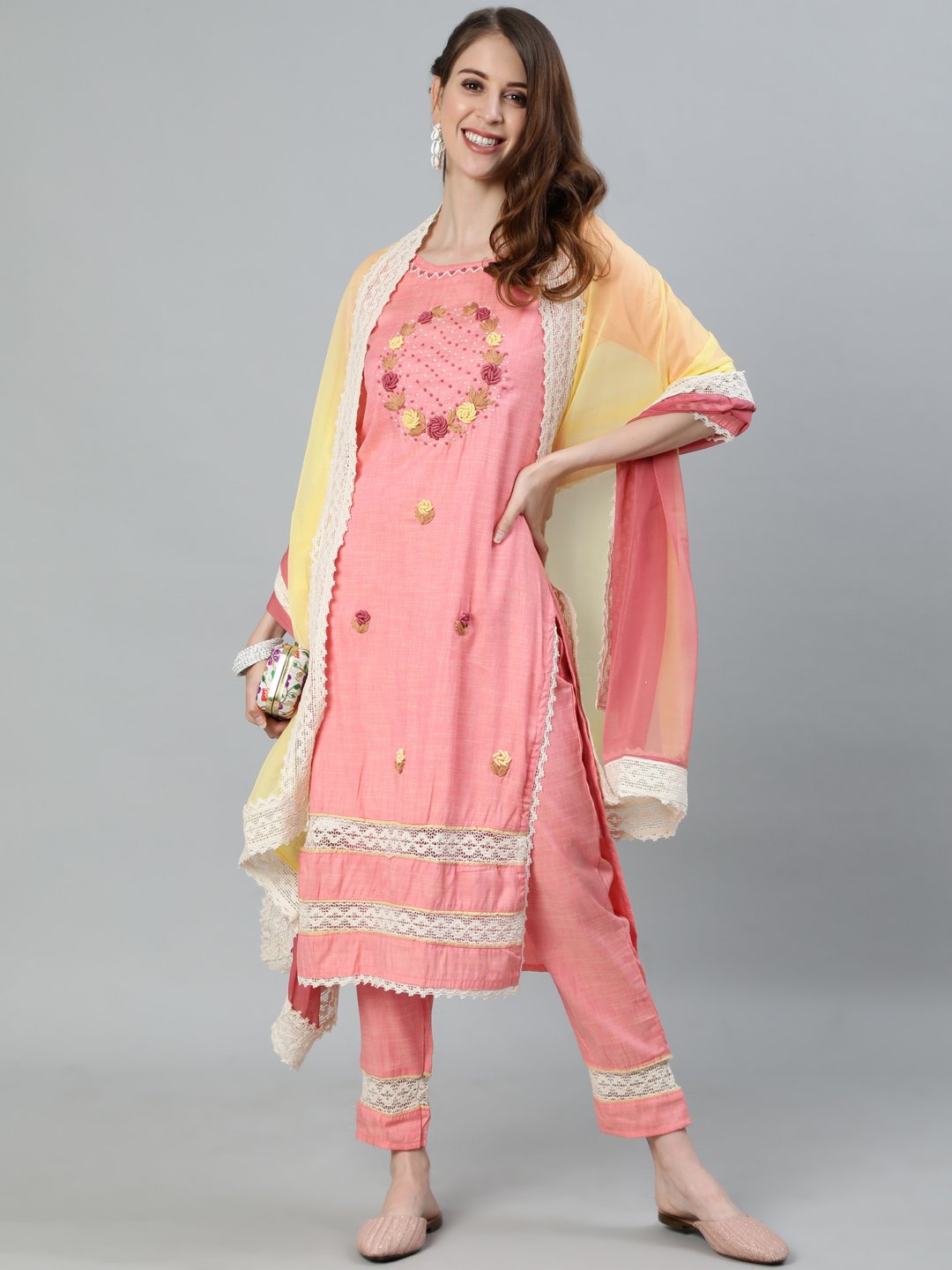 Ishin Women's Peach Embroidered A-Line Kurta With Trouser & Dupatta 