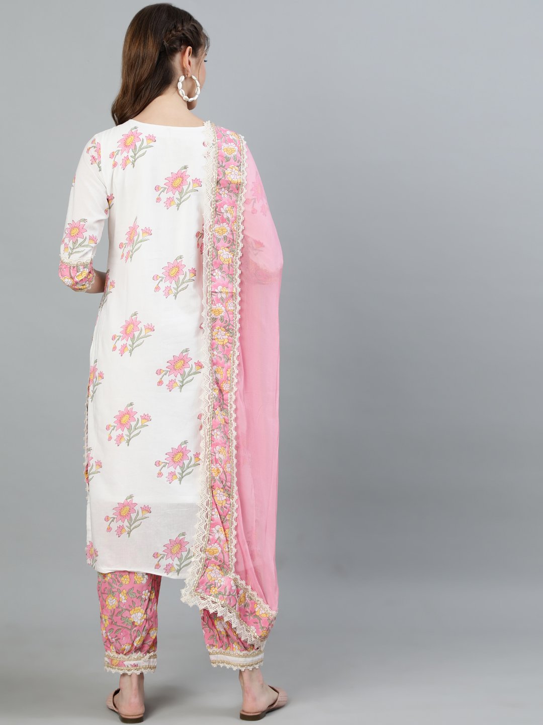 Ishin Women's White & Pink Embroidered A-Line Kurta With Trouser & Dupatta 