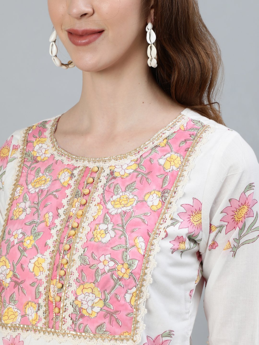 Ishin Women's White & Pink Embroidered A-Line Kurta With Trouser & Dupatta 