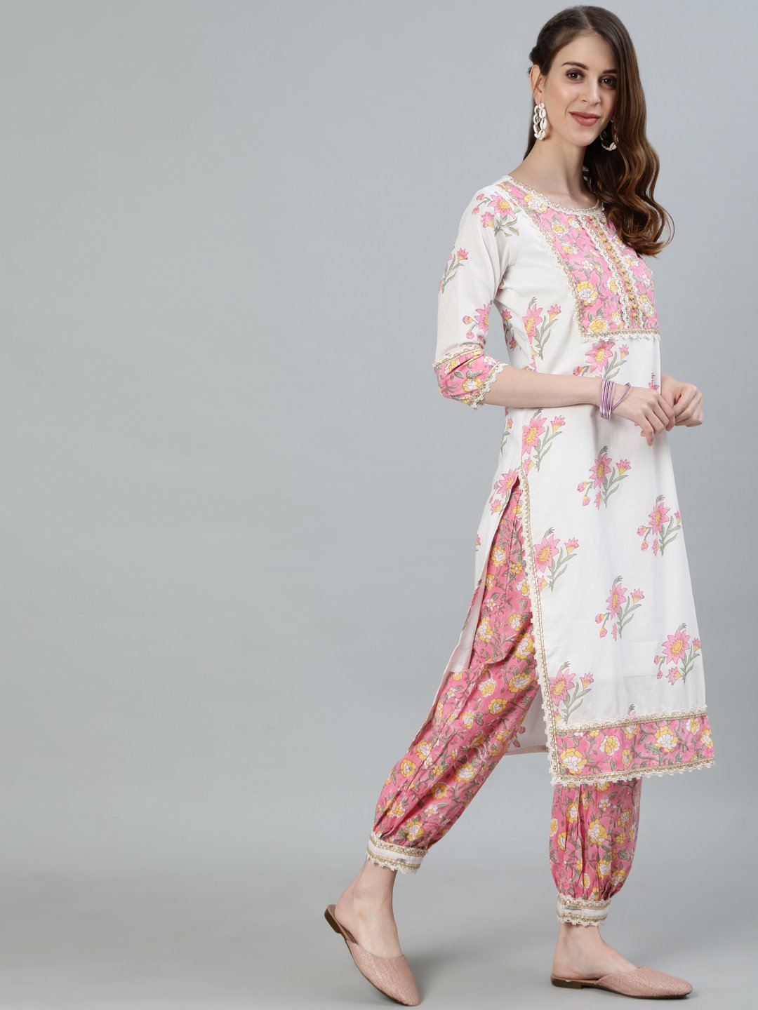 Ishin Women's White & Pink Embroidered A-Line Kurta With Trouser & Dupatta