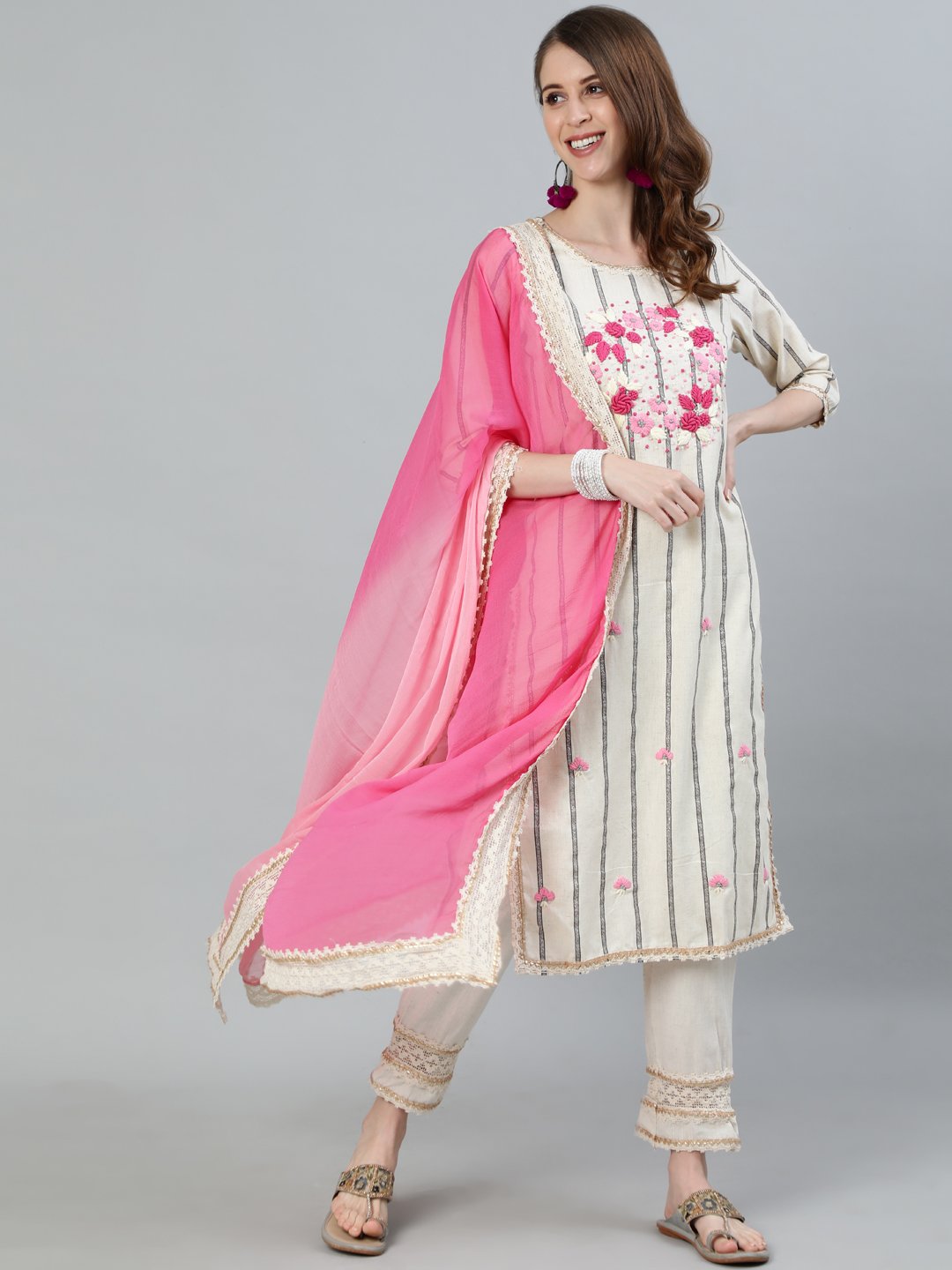 Ishin Women's Off Whte Embroidered A-Line Kurta With Trouser & Dupatta