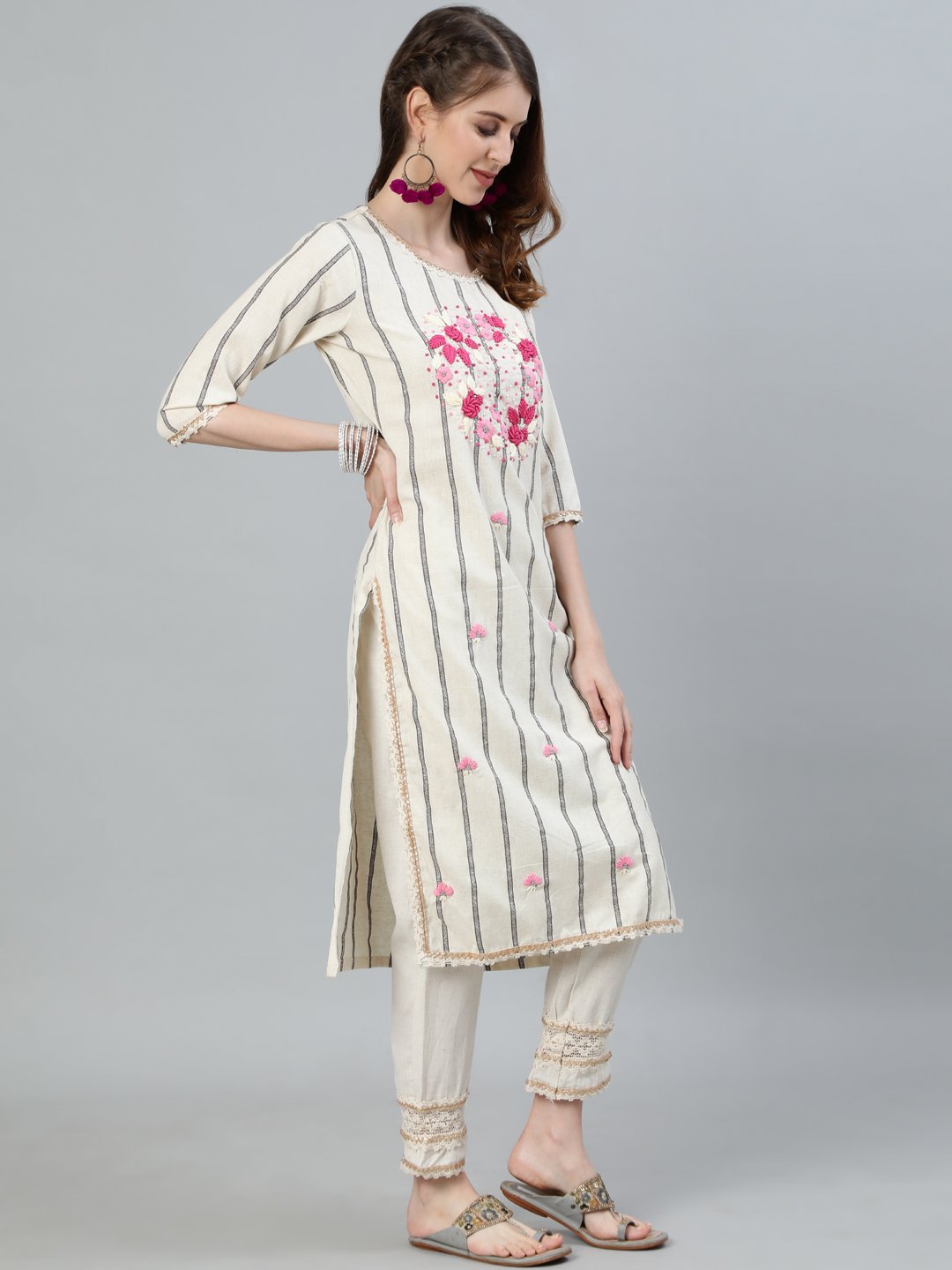 Ishin Women's Off Whte Embroidered A-Line Kurta With Trouser & Dupatta