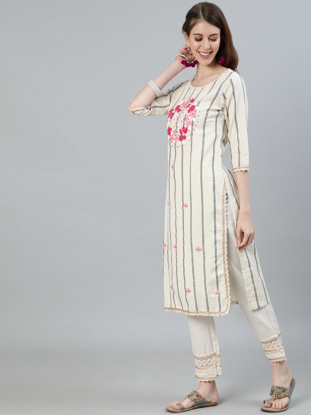 Ishin Women's Off Whte Embroidered A-Line Kurta With Trouser & Dupatta