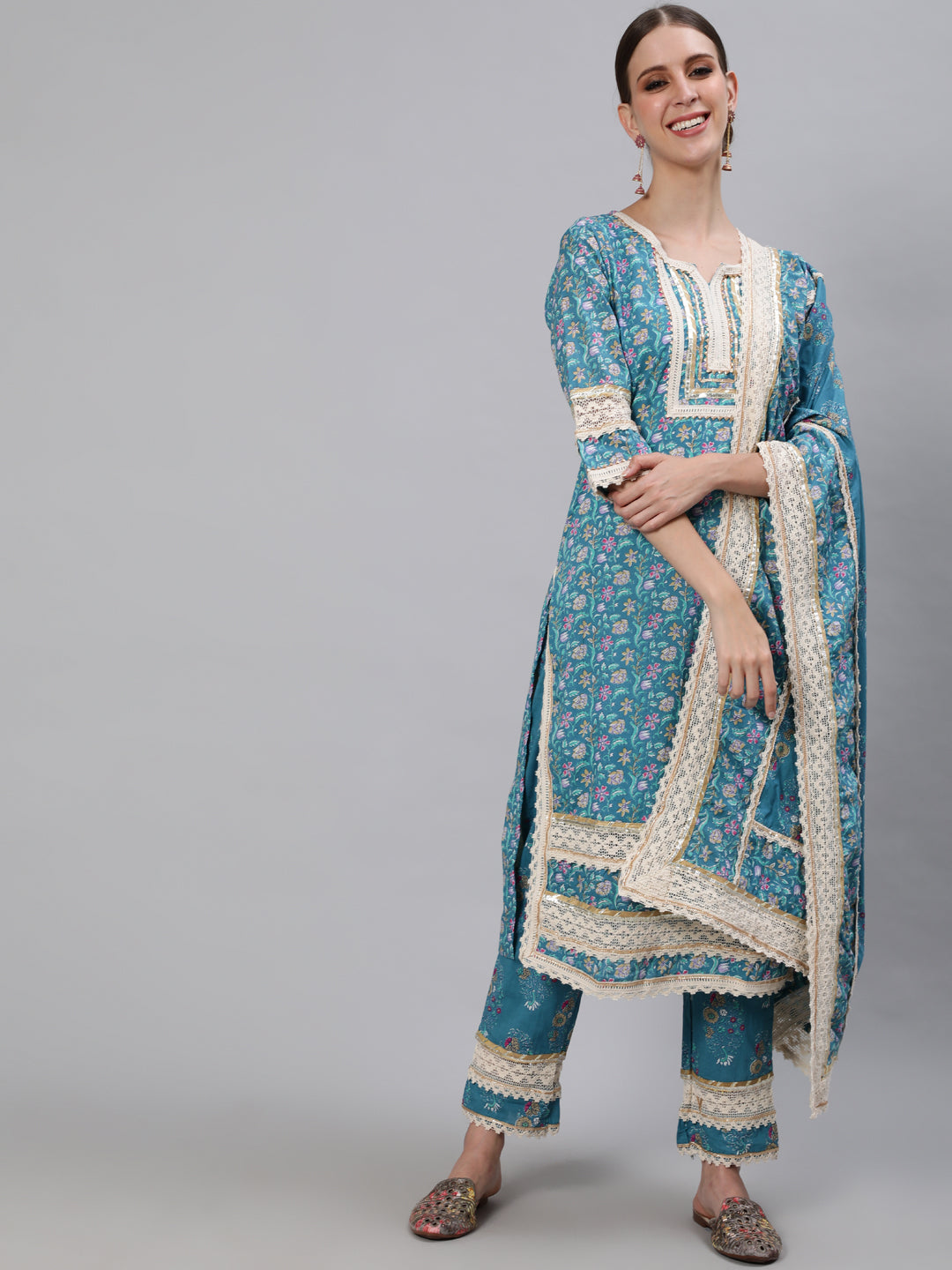 Ishin Women's Cotton Teal Blue Embroidered A-Line Kurta Trouser Dupatta Set