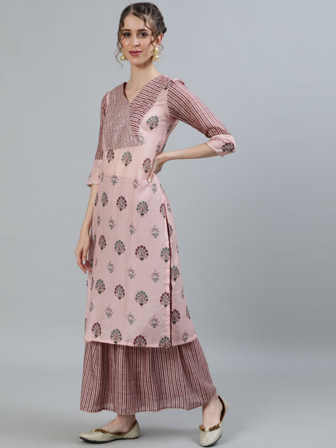 Women Pink Ethnic Motifs Printed Angrakha Pure Silk Kurti with Palazzos & Dupatta