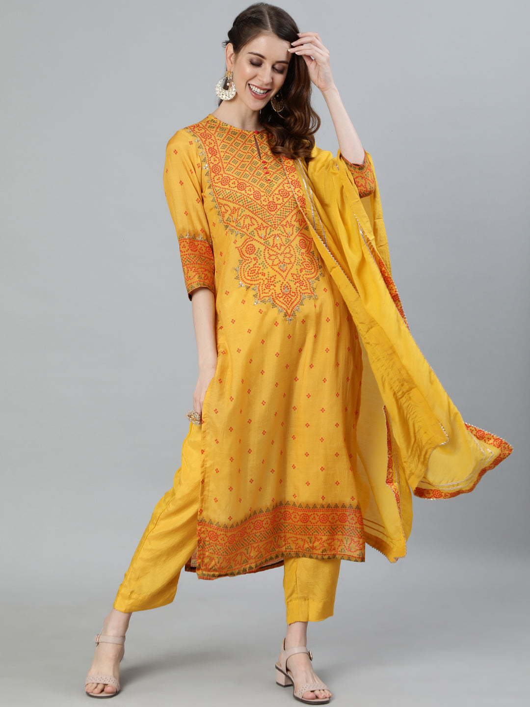 Ishin Women's Mustard Zari Embroidered Bandhani Straight Kurta With Trouser & Dupatta 