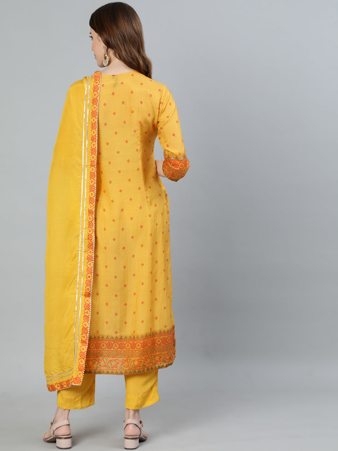 Ishin Women's Mustard Zari Embroidered Bandhani Straight Kurta With Trouser & Dupatta 