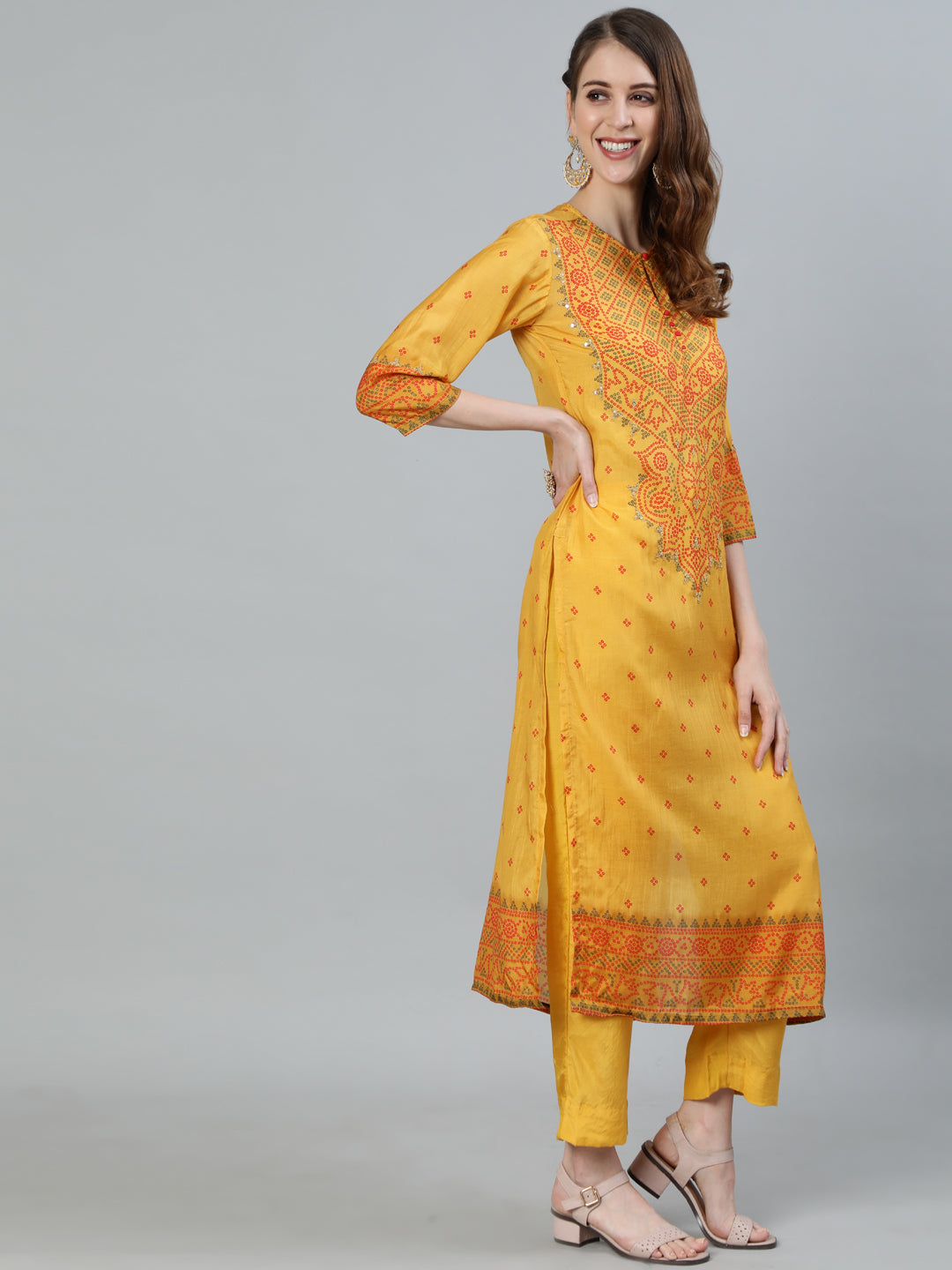 Ishin Women's Mustard Zari Embroidered Bandhani Straight Kurta With Trouser & Dupatta