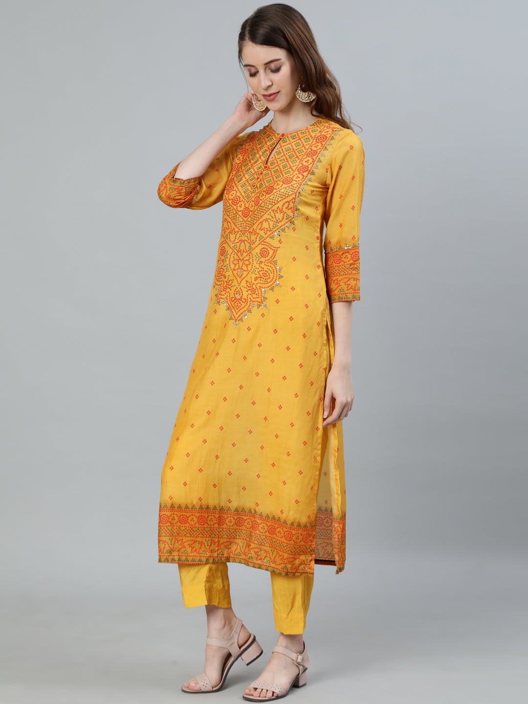 Ishin Women's Mustard Zari Embroidered Bandhani Straight Kurta With Trouser & Dupatta