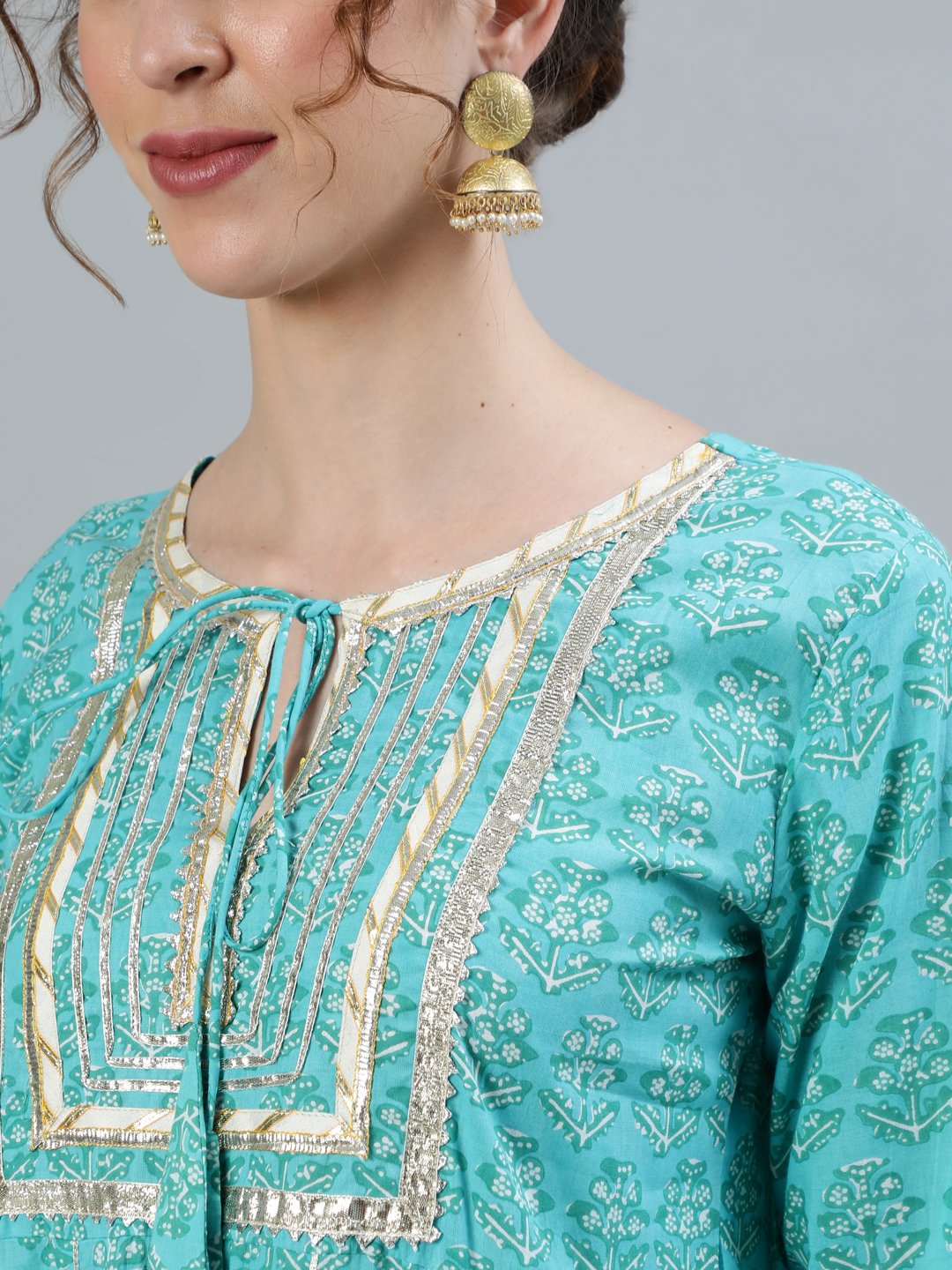 Ishin Women's Sea Green Gota Patti Anarkali Kurta With Trouser & Dupatta 