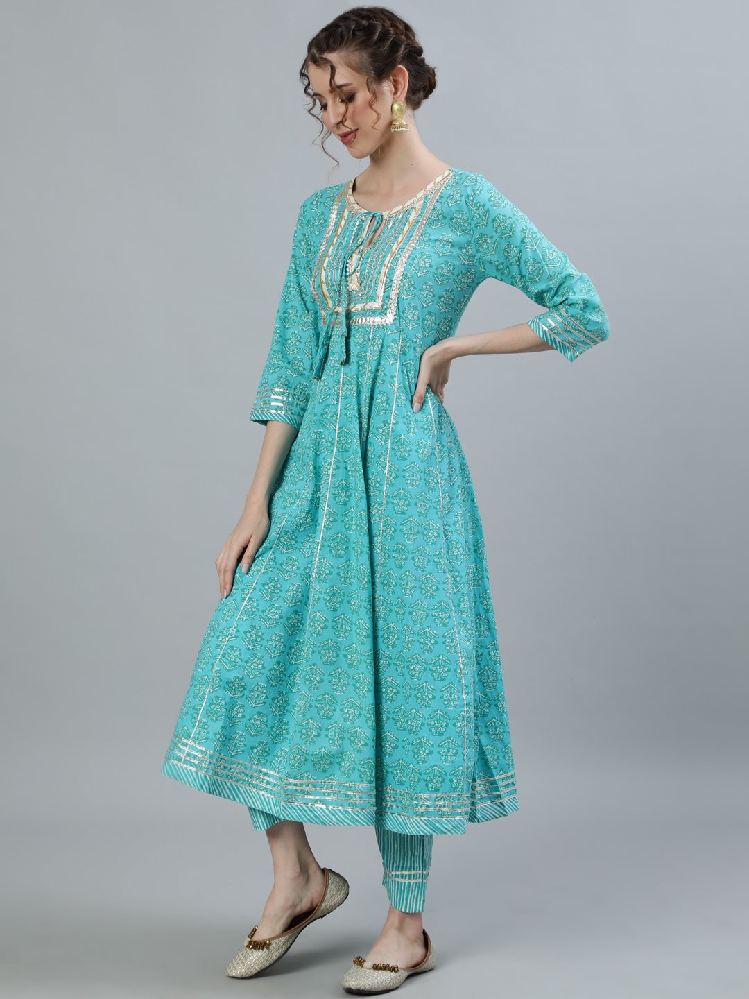 Ishin Women's Sea Green Gota Patti Anarkali Kurta With Trouser & Dupatta