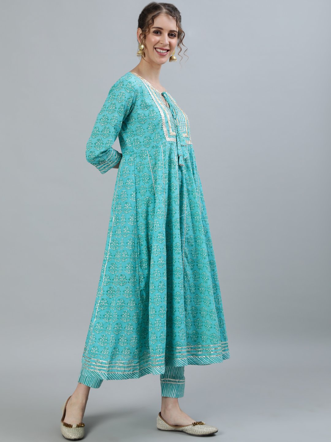 Ishin Women's Sea Green Gota Patti Anarkali Kurta With Trouser & Dupatta