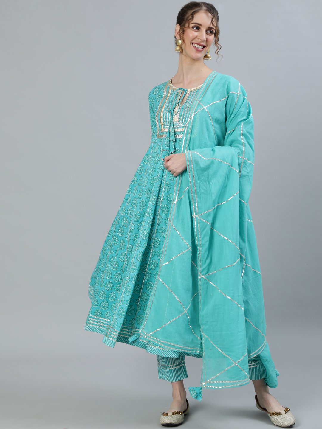 Ishin Women's Sea Green Gota Patti Anarkali Kurta With Trouser & Dupatta