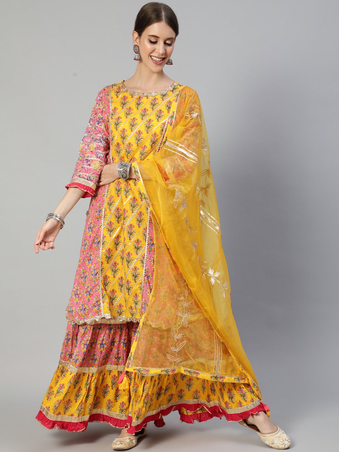 Ishin Women's Mustard & Pink Gotta Patti Embroidered A-Line Kurta Sharara Dupatta Set