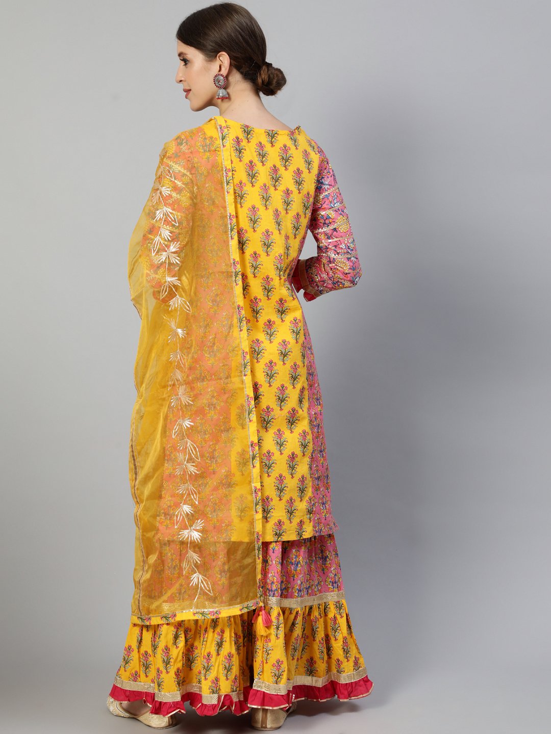 Ishin Women's Mustard & Pink Gotta Patti Embroidered A-Line Kurta Sharara Dupatta Set 