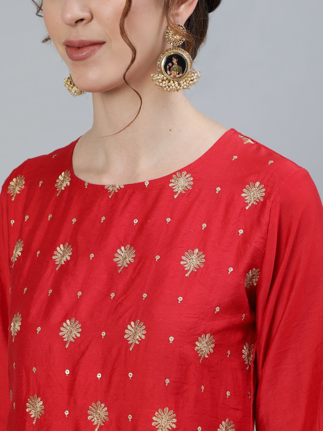 Ishin Women's Red Embroidered A-Line Kurta With Palazzo & Dupatta 