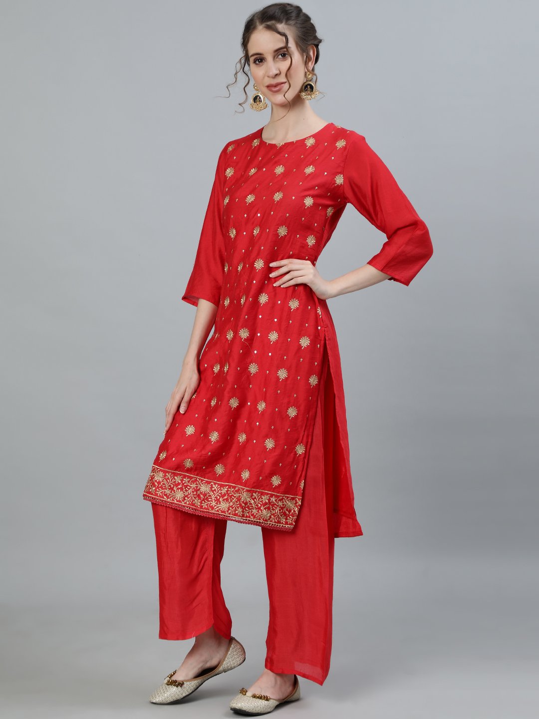 Ishin Women's Red Embroidered A-Line Kurta With Palazzo & Dupatta