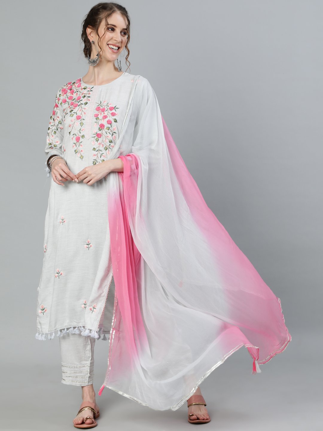 Ishin Women's Grey Embroidered A-Line Kurta With Trouser & Dupatta 