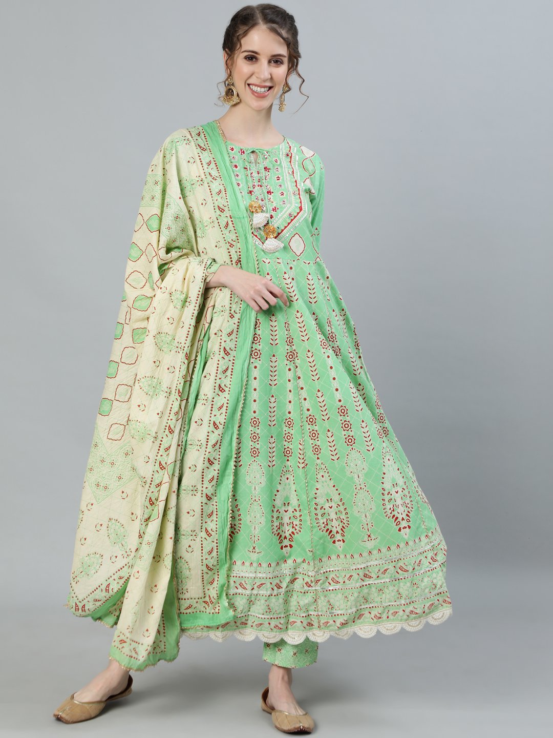 Ishin Women's Green Gota Patti Anarkali Kurta With Trouser & Dupatta