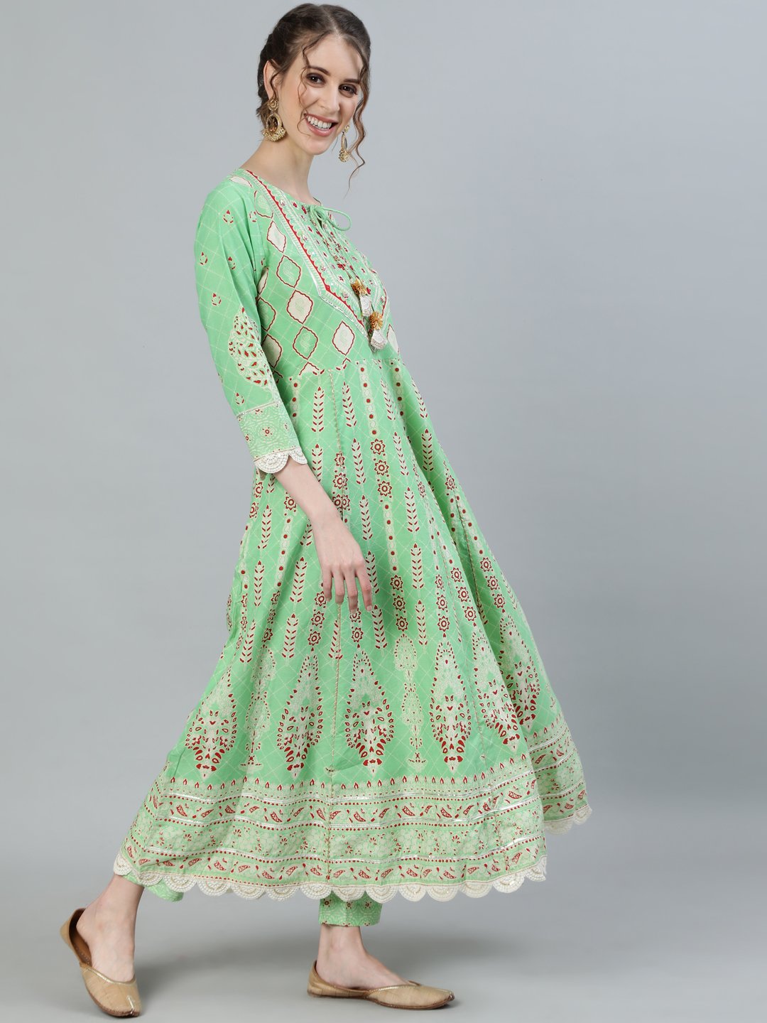 Ishin Women's Green Gota Patti Anarkali Kurta With Trouser & Dupatta