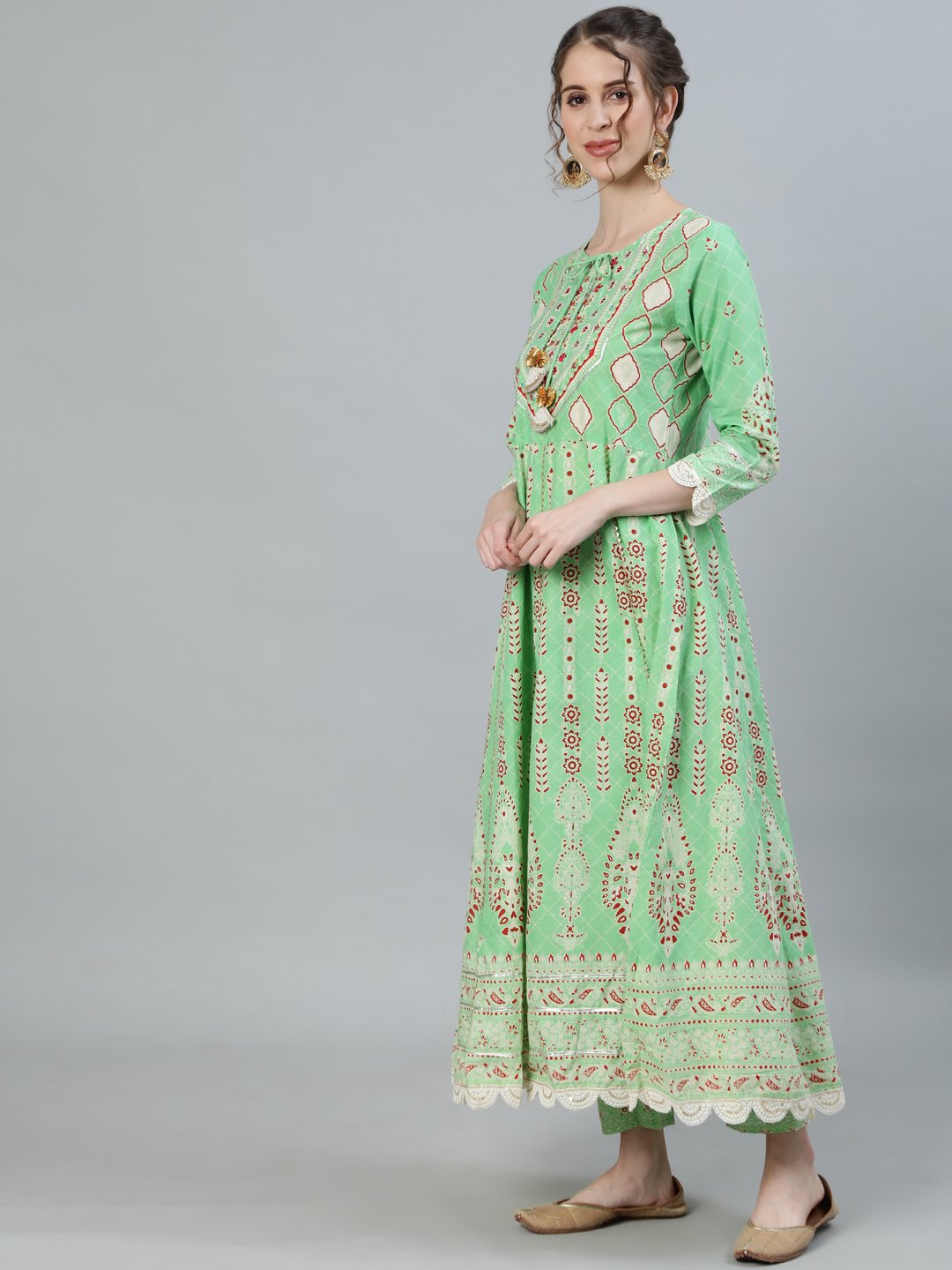 Ishin Women's Green Gota Patti Anarkali Kurta With Trouser & Dupatta