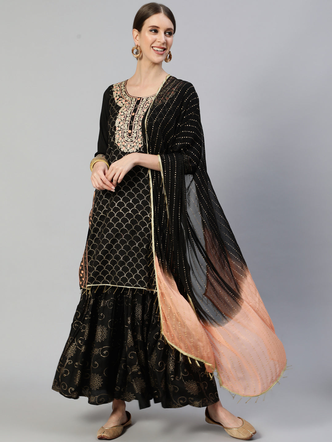 Ishin Women's Silk Blend Black Embroidered A-Line Kurta Sharara Dupatta Set