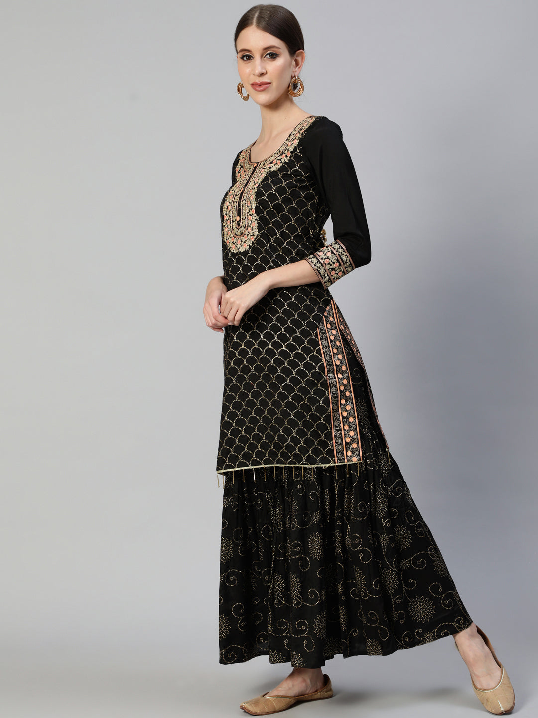 Ishin Women's Silk Blend Black Embroidered A-Line Kurta Sharara Dupatta Set