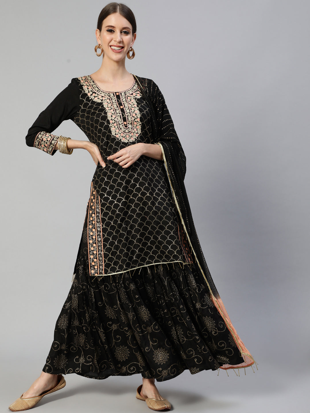 Ishin Women's Silk Blend Black Embroidered A-Line Kurta Sharara Dupatta Set