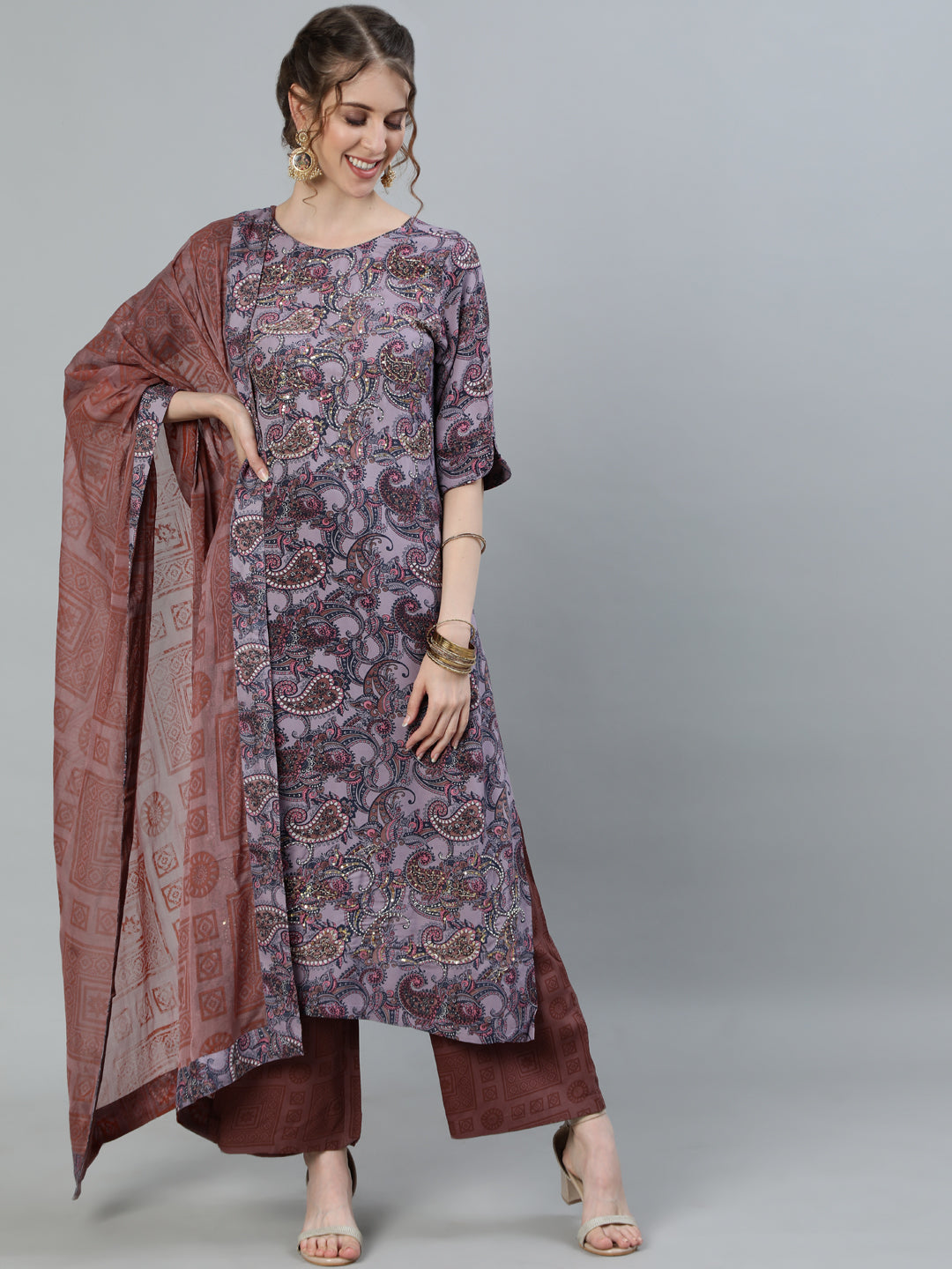 Ishin Women's Purple Embroidered A-Line Kurta With Palazzo & Dupatta