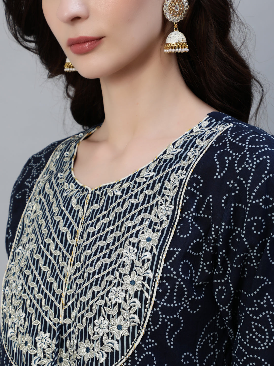 Ishin Women's Cotton Navy Blue Embroidered Anarkali Kurta Trouser Dupatta Set 