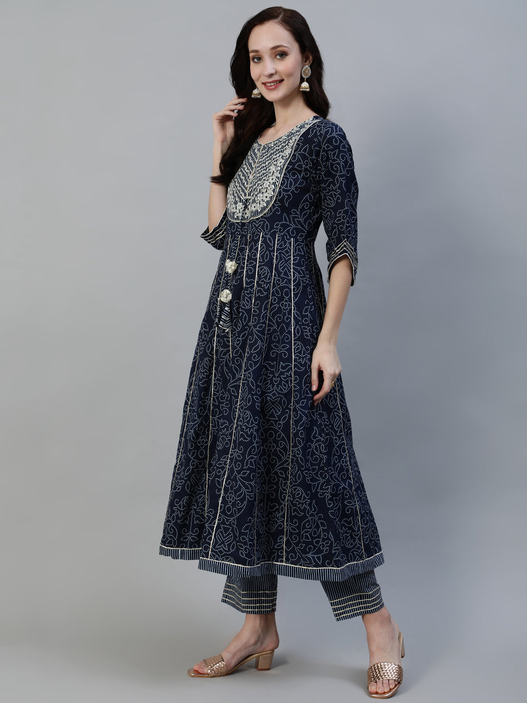 Ishin Women's Cotton Navy Blue Embroidered Anarkali Kurta Trouser Dupatta Set