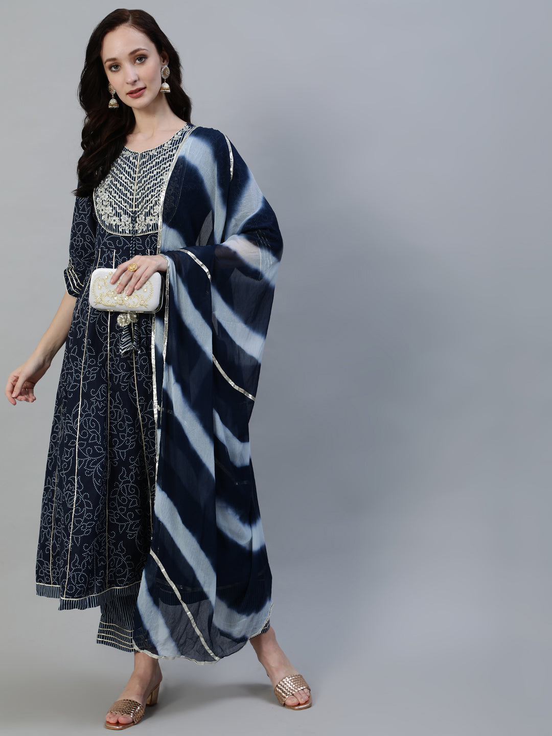 Ishin Women's Cotton Navy Blue Embroidered Anarkali Kurta Trouser Dupatta Set