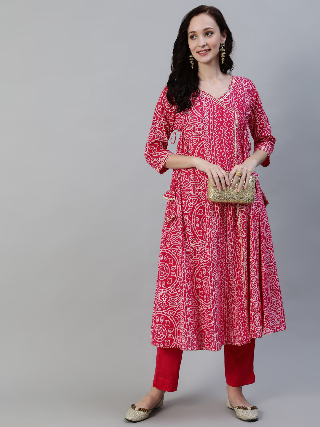 Ishin Women's Cotton Pink Embroidered Anarkali Kurta Trouser Set