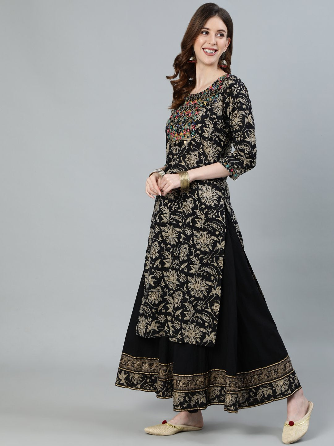 Ishin Women's Black Yoke Embroidered Straight Kurta With Sharara