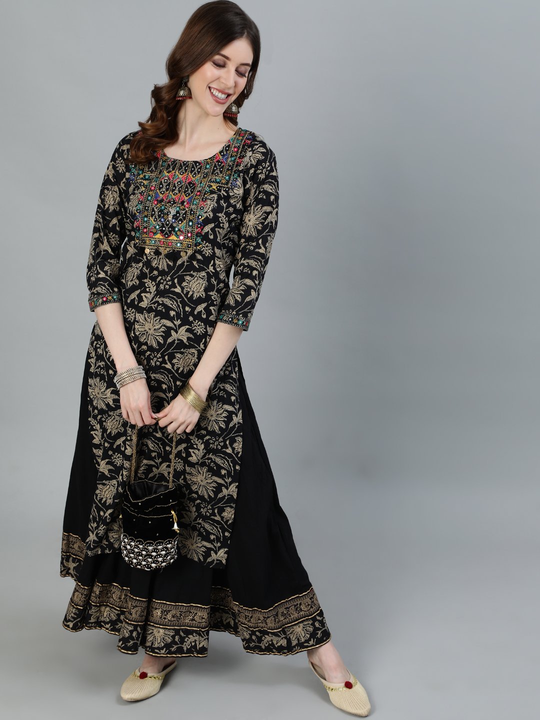 Ishin Women's Black Yoke Embroidered Straight Kurta With Sharara