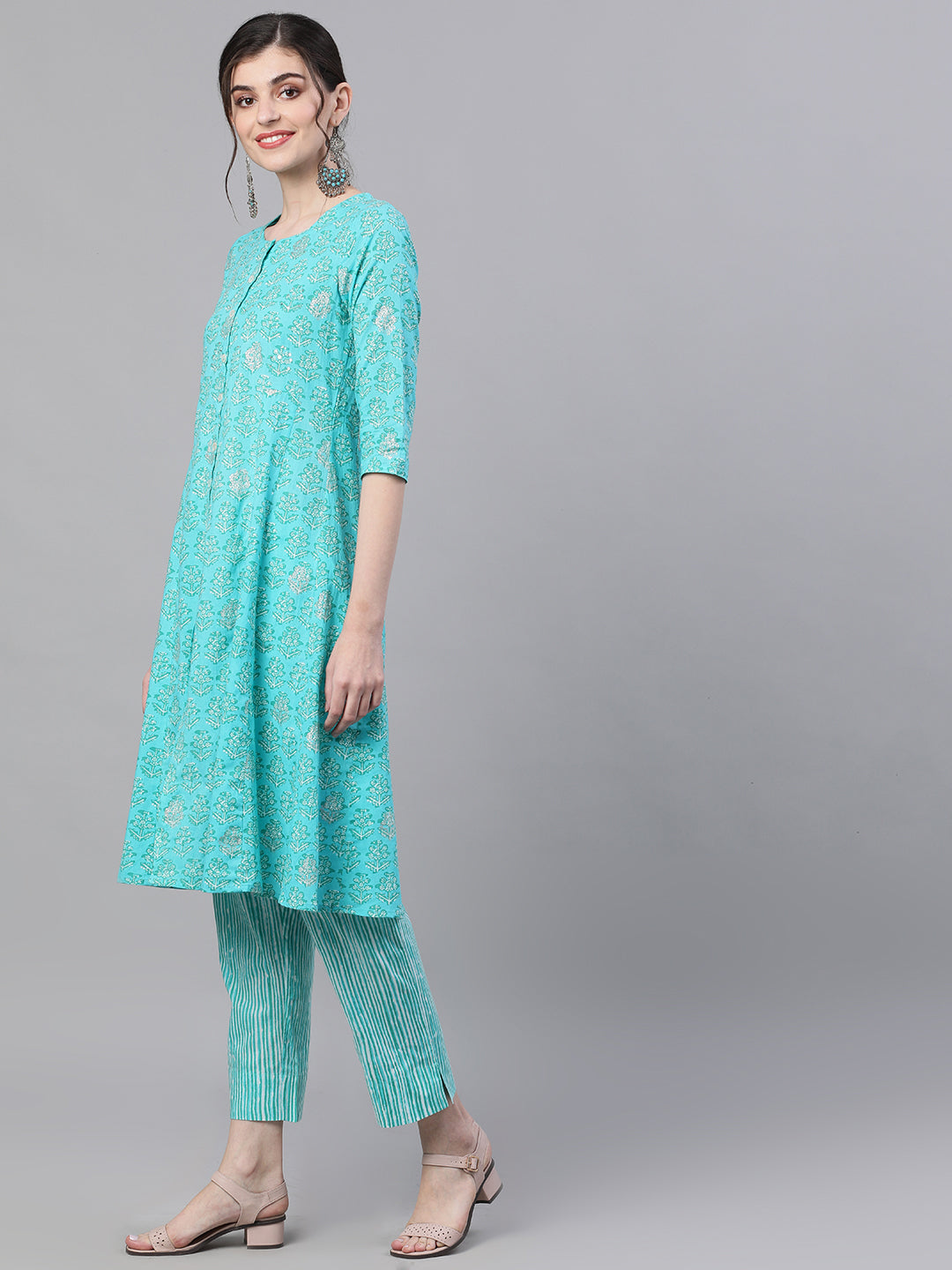 Ishin Women's Cotton Blue Printed A-Line Kurta Trouser Set