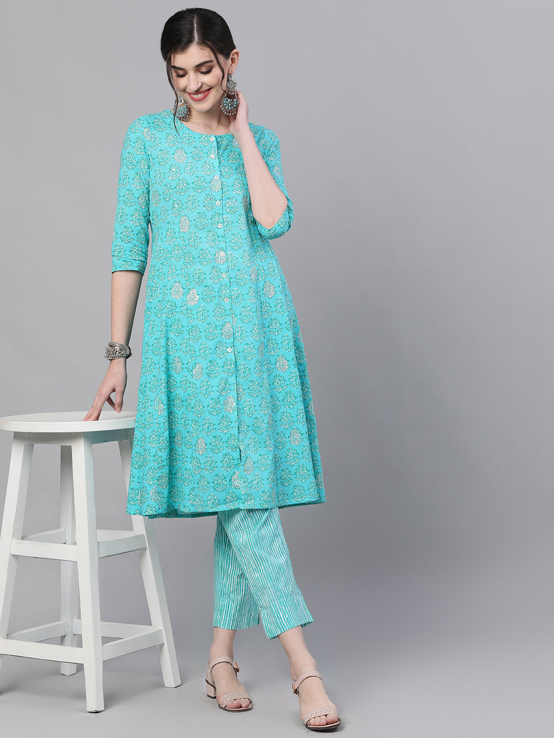 Ishin Women's Cotton Blue Printed A-Line Kurta Trouser Set