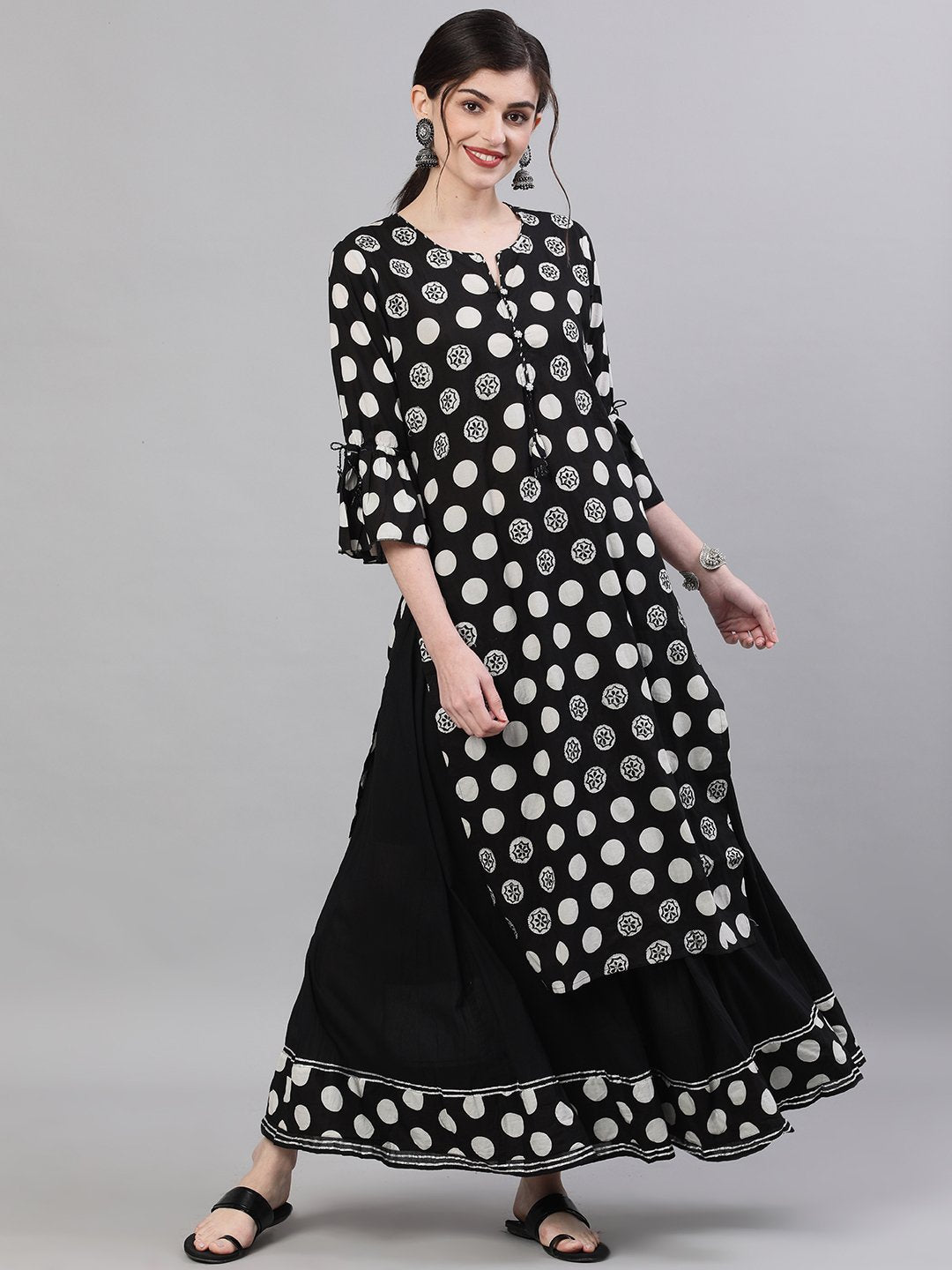 Ishin Women's Cotton Black Polka Dot Printed Straight Kurta Sharara Set