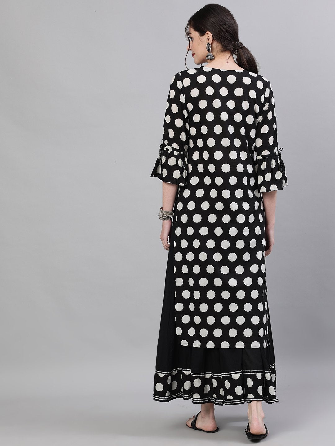 Ishin Women's Cotton Black Polka Dot Printed Straight Kurta Sharara Set