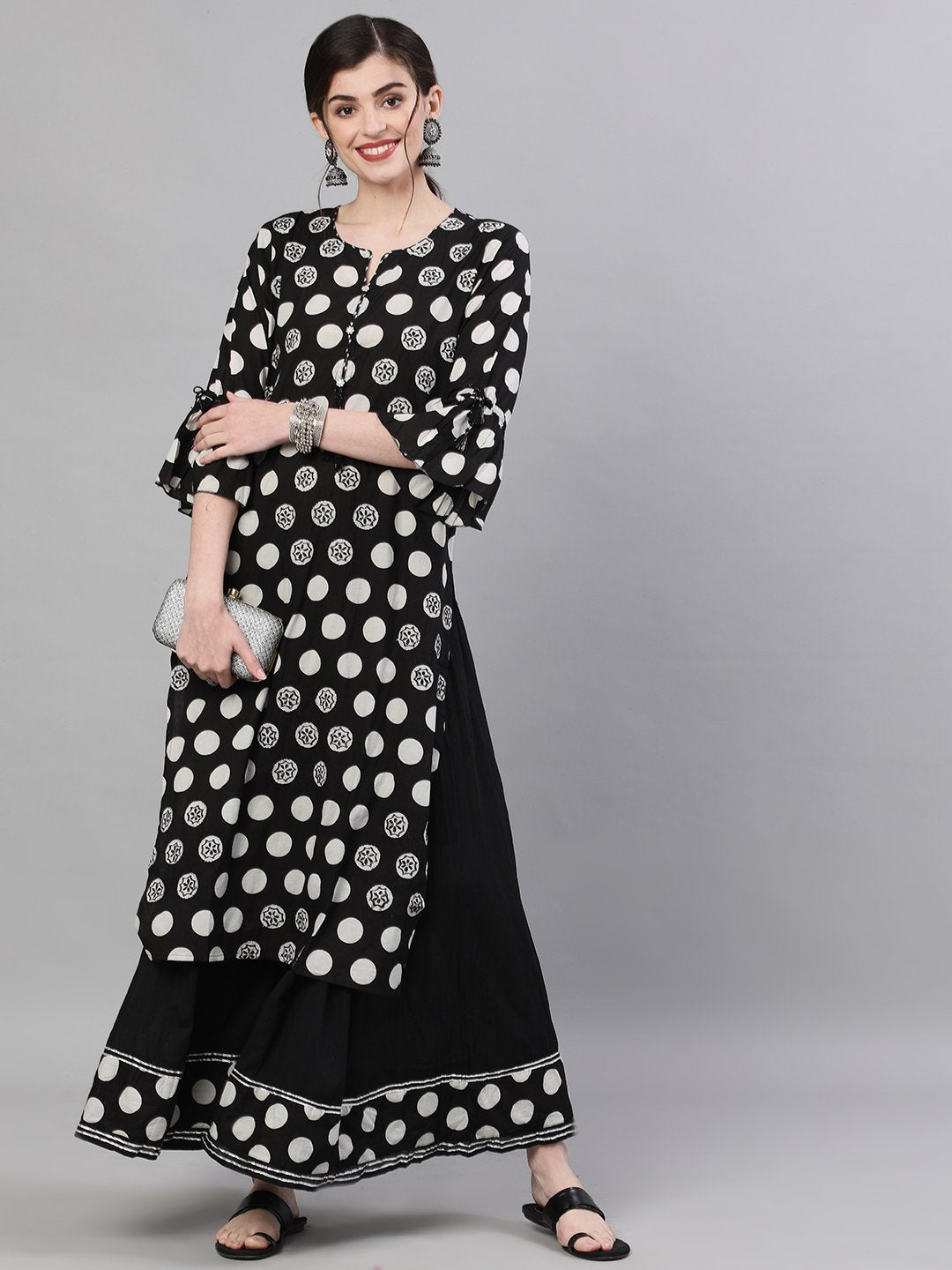 Ishin Women's Cotton Black Polka Dot Printed Straight Kurta Sharara Set